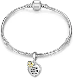 Gold Pawprint Charm for Pandora Bracelets My Kids Have Paws Dog Cat Pet Heart Dangle Bead for Women Mom Grandma Necklace