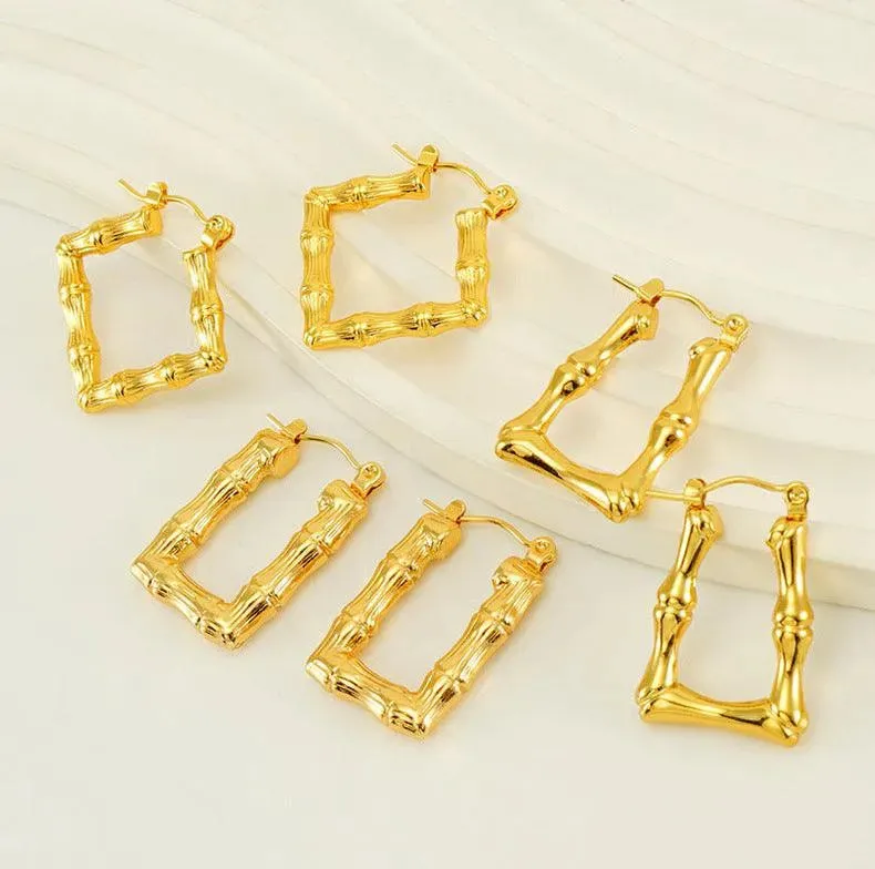 Gold-Plated Geometric Bamboo Hoop Earrings – Trendy Drop Earrings