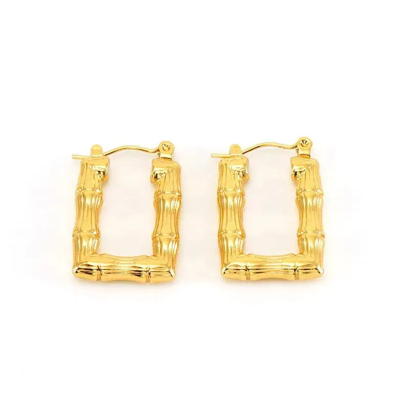 Gold-Plated Geometric Bamboo Hoop Earrings – Trendy Drop Earrings