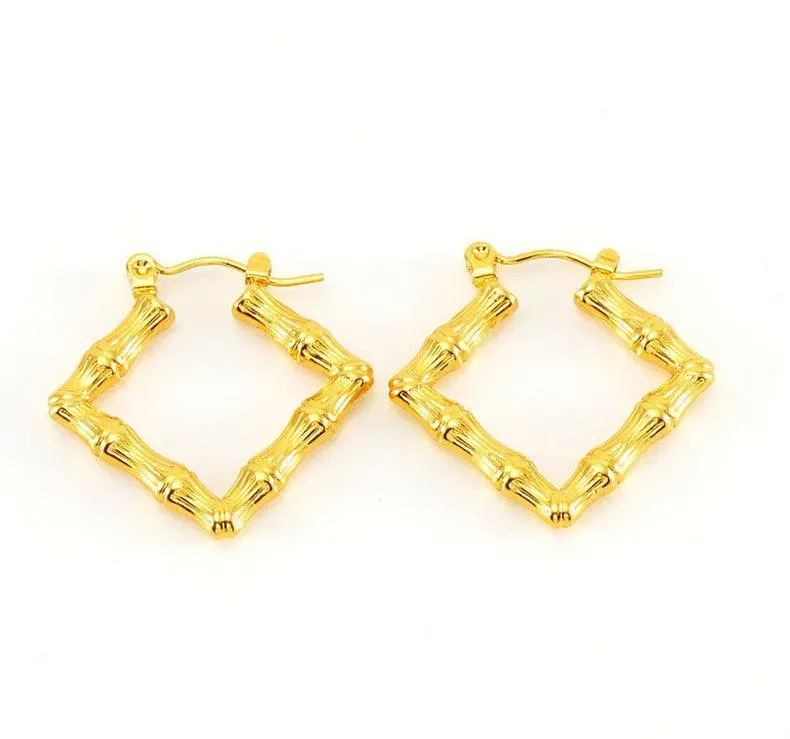 Gold-Plated Geometric Bamboo Hoop Earrings – Trendy Drop Earrings