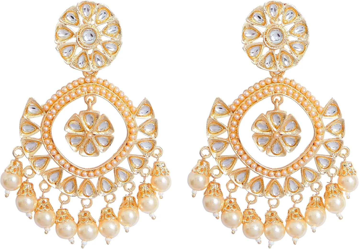 Gold Plated Kundan (Jhumka) Pearl Chandelier Earrings for Women | Ethnic Indian Jhumka Design | Party & Wedding Wear Jewelry