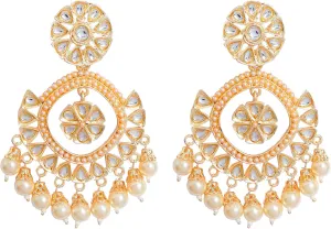 Gold Plated Kundan (Jhumka) Pearl Chandelier Earrings for Women | Ethnic Indian Jhumka Design | Party & Wedding Wear Jewelry