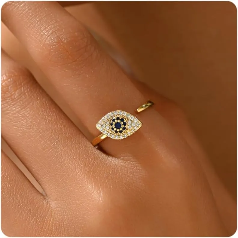 Gold Rings for Women Open Anti Anxiety Spinner Ring Adjustable Fidget Rings Evil Eye Flower Ring Jewelry
