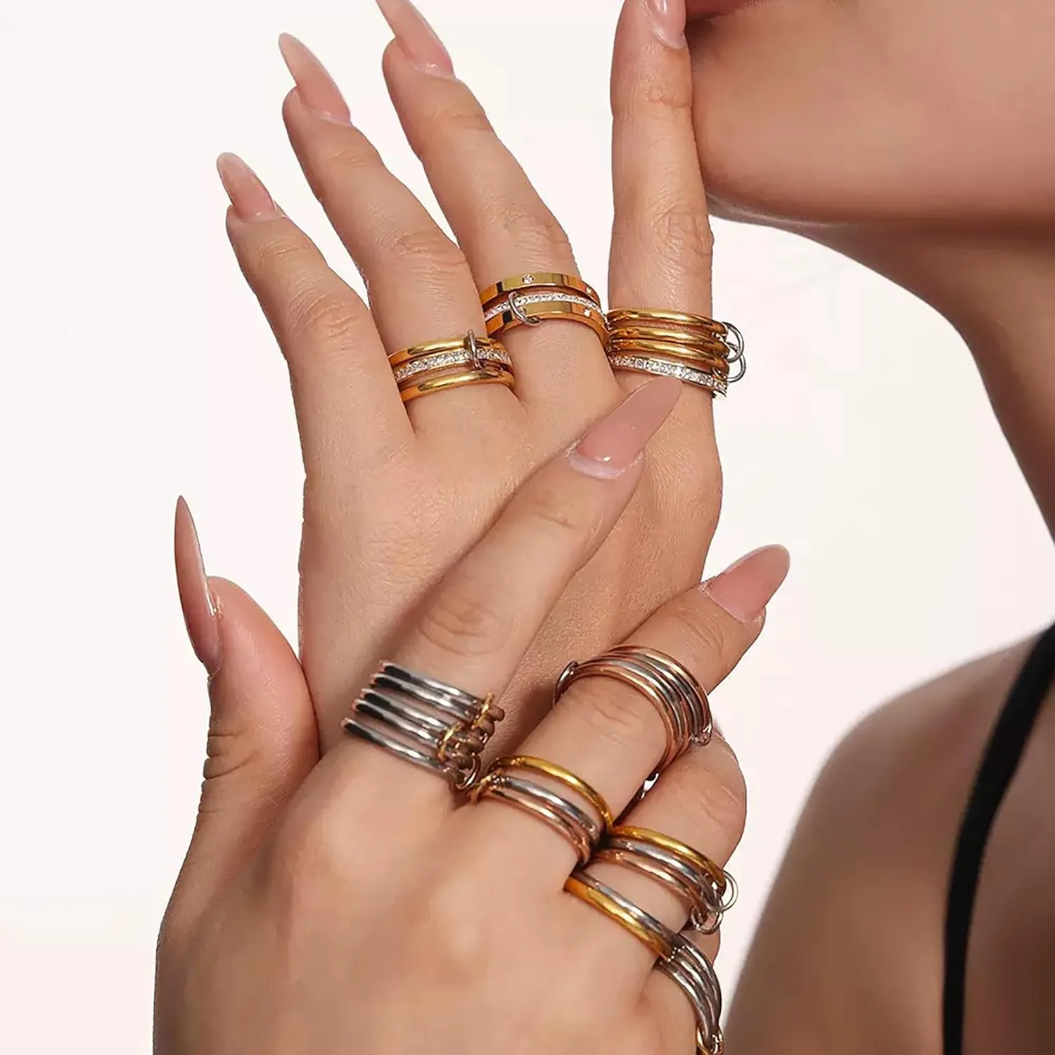 Gold Stackable Rings for Women Non Tarnish Stainless Steel Gold Linked Ring, Fashion Jewelry Rings Set for Daily Wear or Special Occasions
