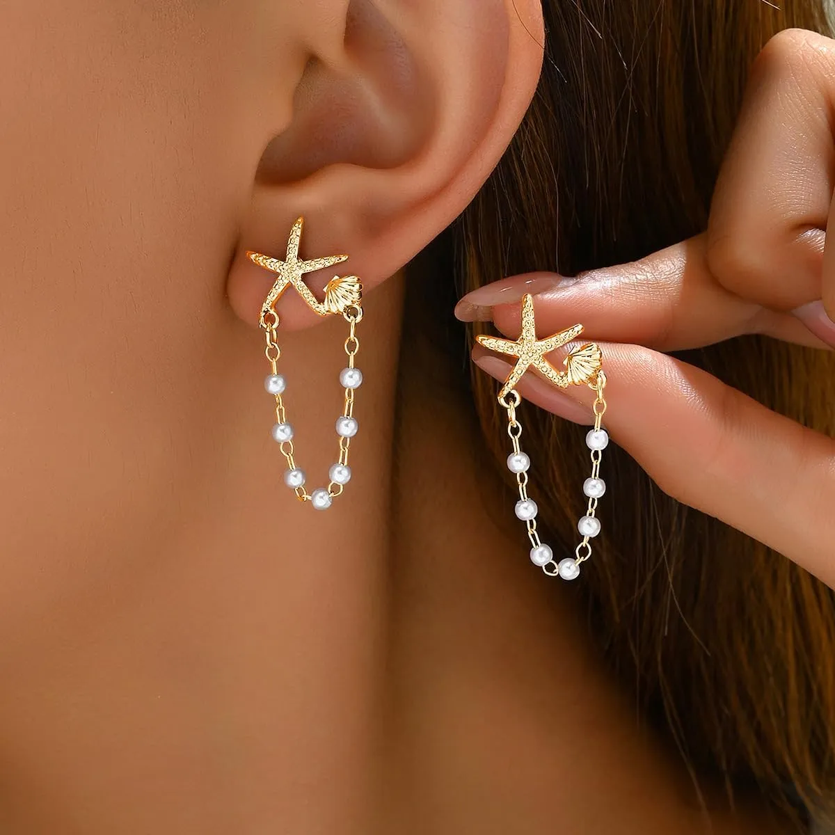 Gold Starfish Earrings for Women Trendy Dainty Lightweight 14K Gold Plated Small Starfish Pearl Stud Earring Minimalist Simple Hypoallergenic Summer Earrings