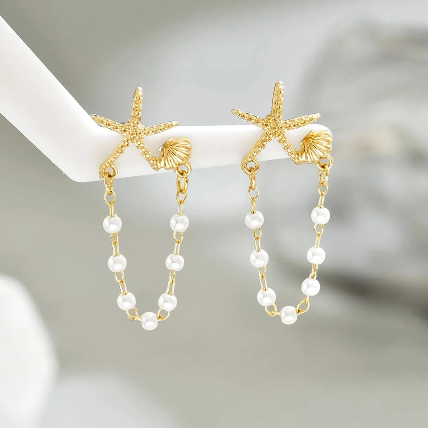 Gold Starfish Earrings for Women Trendy Dainty Lightweight 14K Gold Plated Small Starfish Pearl Stud Earring Minimalist Simple Hypoallergenic Summer Earrings