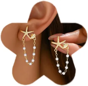 Gold Starfish Earrings for Women Trendy Dainty Lightweight 14K Gold Plated Small Starfish Pearl Stud Earring Minimalist Simple Hypoallergenic Summer Earrings