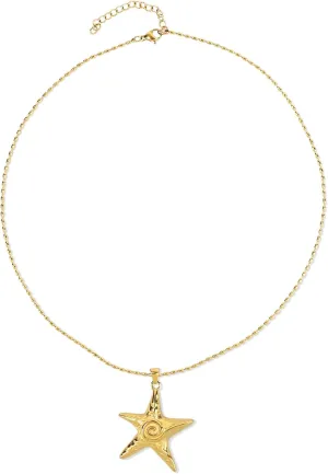 Gold Starfish Necklace, Exquisite Swirl Threaded Summer Necklace for Women Trendy Stainless Steel Sea Star Pendant Chain Ocean Beach Bohemian Vacation Jewelry Gift