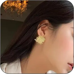 Gold Statement Earrings for Women, Trendy Statement Woven Texture Gold Plated Stud Earrings Unique Square Irregular Pierced Earrings Jewelry Gifts