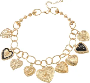 Golden Charm Necklace for Women, Boho-Inspired Paperclip Chain with Heart Pepper Cheetah Cherry Bow Coin Charms Dainty Layered Necklace Trendy Jewelry for Everyday Wear Gifts Special Occasions