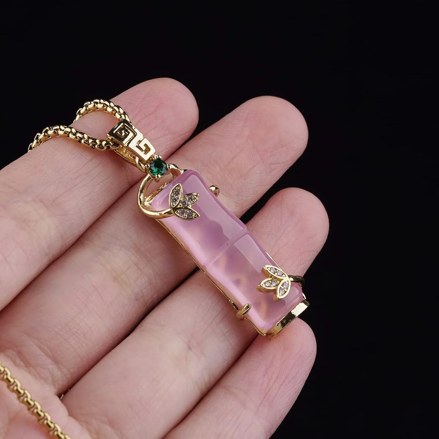 Green Jade Pendant 18K Gold Plated Necklace Crystal Jewelry for Women