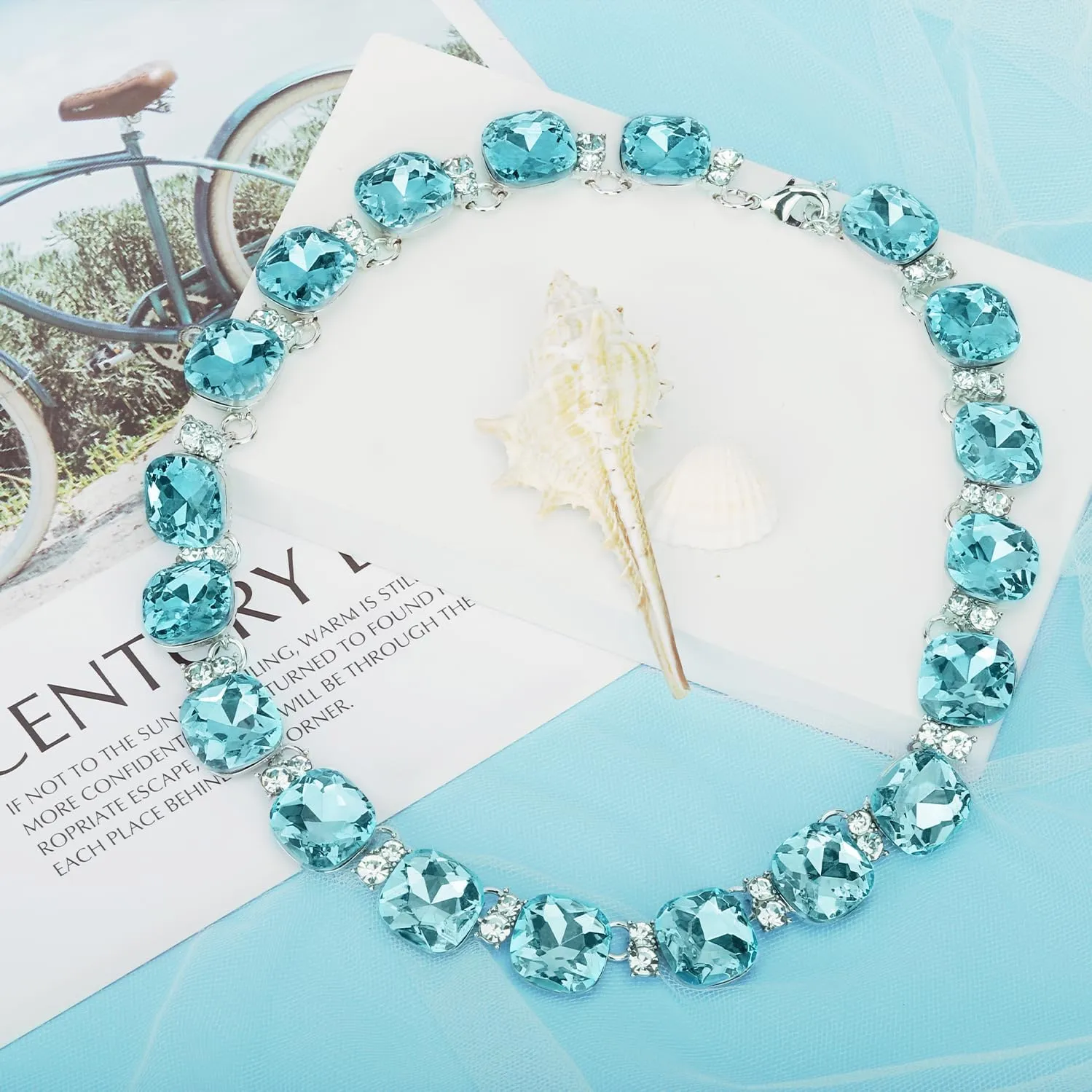 Grey/Blue Austrian Crystal Wedding Bridal Jewelry Set for Brides Bridesmaid, Gemstone Statement Necklace and Earring Set Formal Prom Jewelry Set for Silver-Tone Fit With Evening Dress