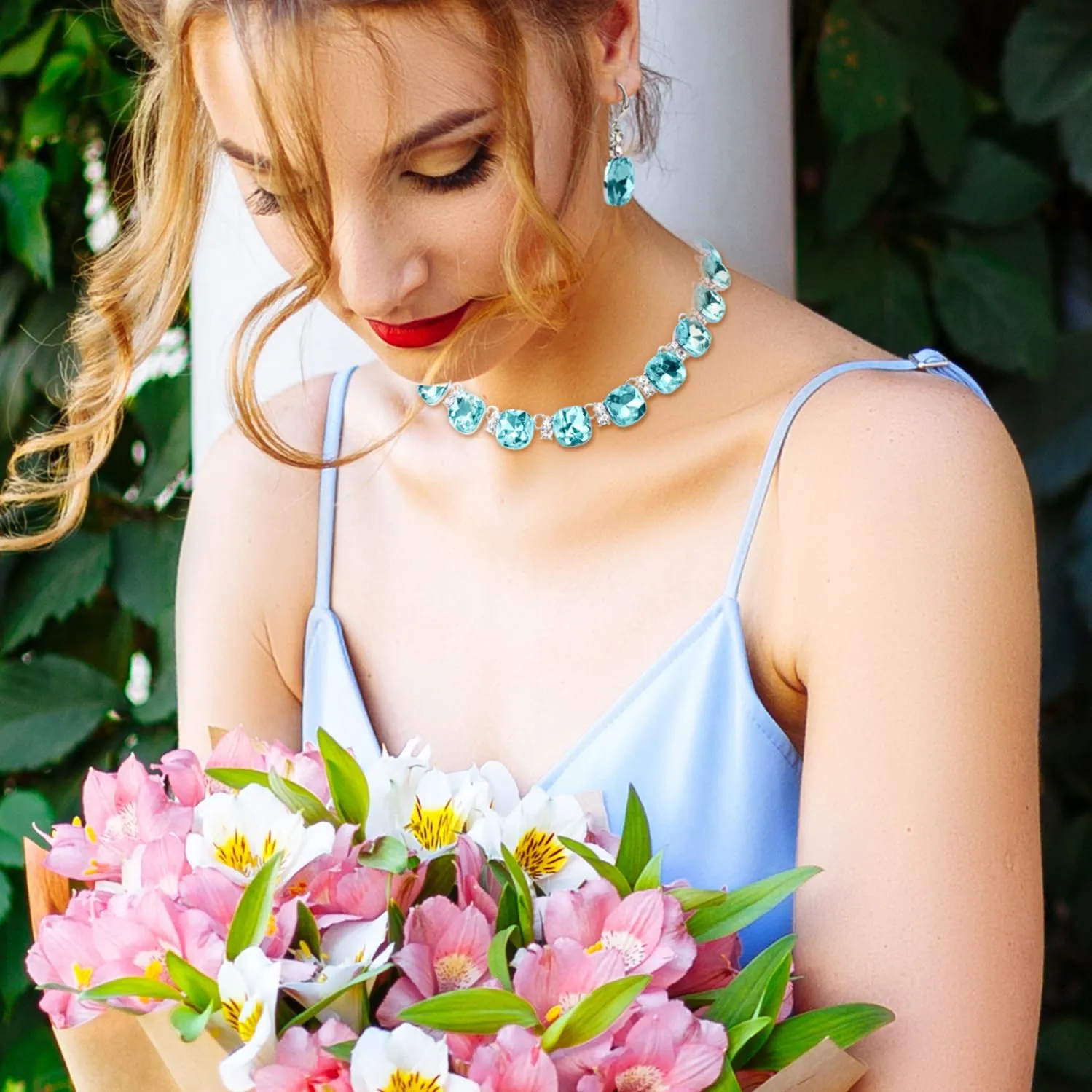 Grey/Blue Austrian Crystal Wedding Bridal Jewelry Set for Brides Bridesmaid, Gemstone Statement Necklace and Earring Set Formal Prom Jewelry Set for Silver-Tone Fit With Evening Dress