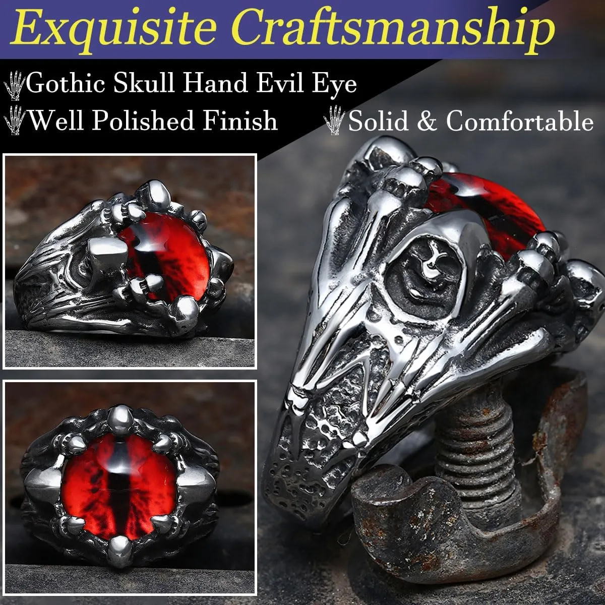 GTHIC Stainless Steel Gothic Red Yellow Gray Evil Eye Ring For Men Women Punk Dragon Claw Biker Rings Jewelry Gift Size 5-15.5