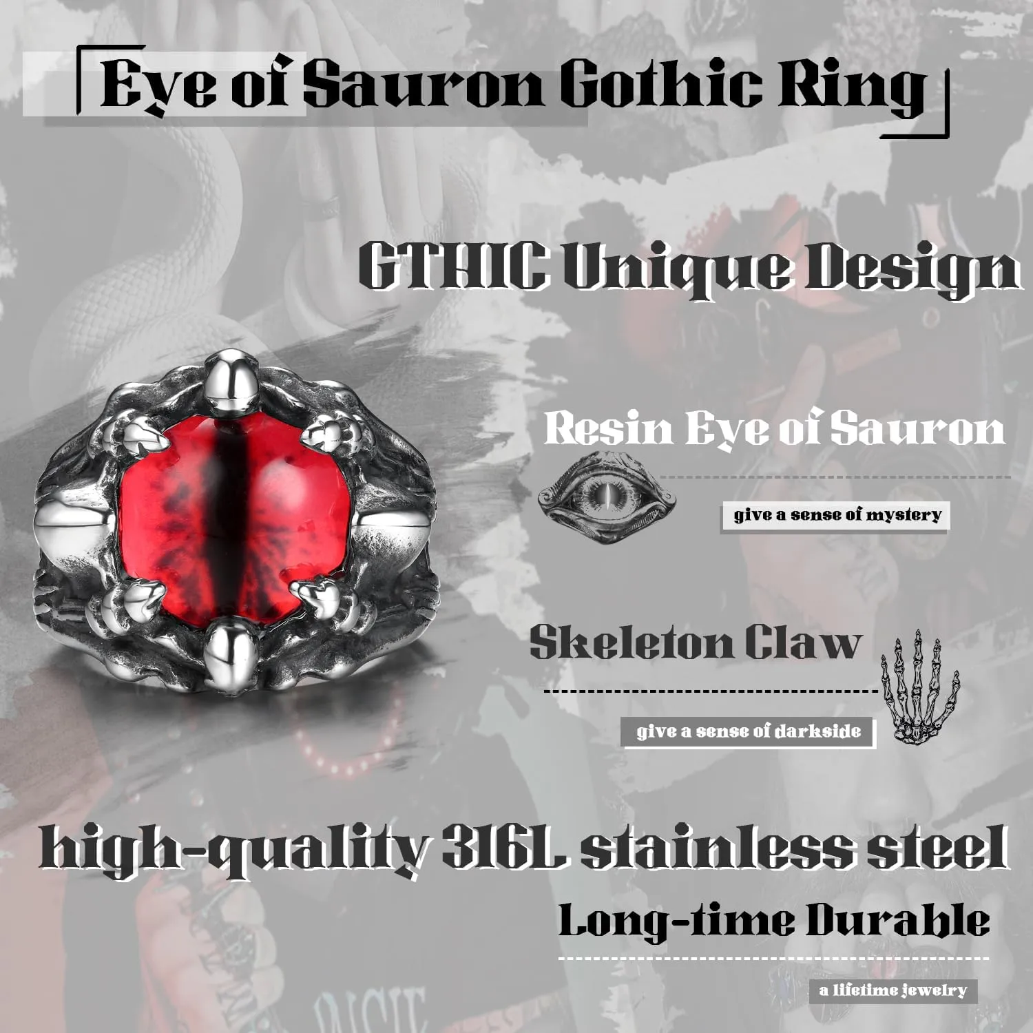 GTHIC Stainless Steel Gothic Red Yellow Gray Evil Eye Ring For Men Women Punk Dragon Claw Biker Rings Jewelry Gift Size 5-15.5
