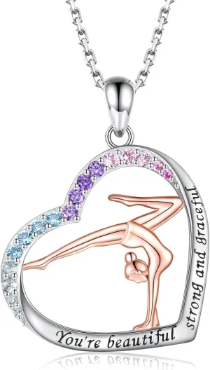 Gymnastics Necklace Sterling Silver - Gymnast Heart Pendant Inspiration Sport Ballerina Jewelry Gift Birthday Christmas