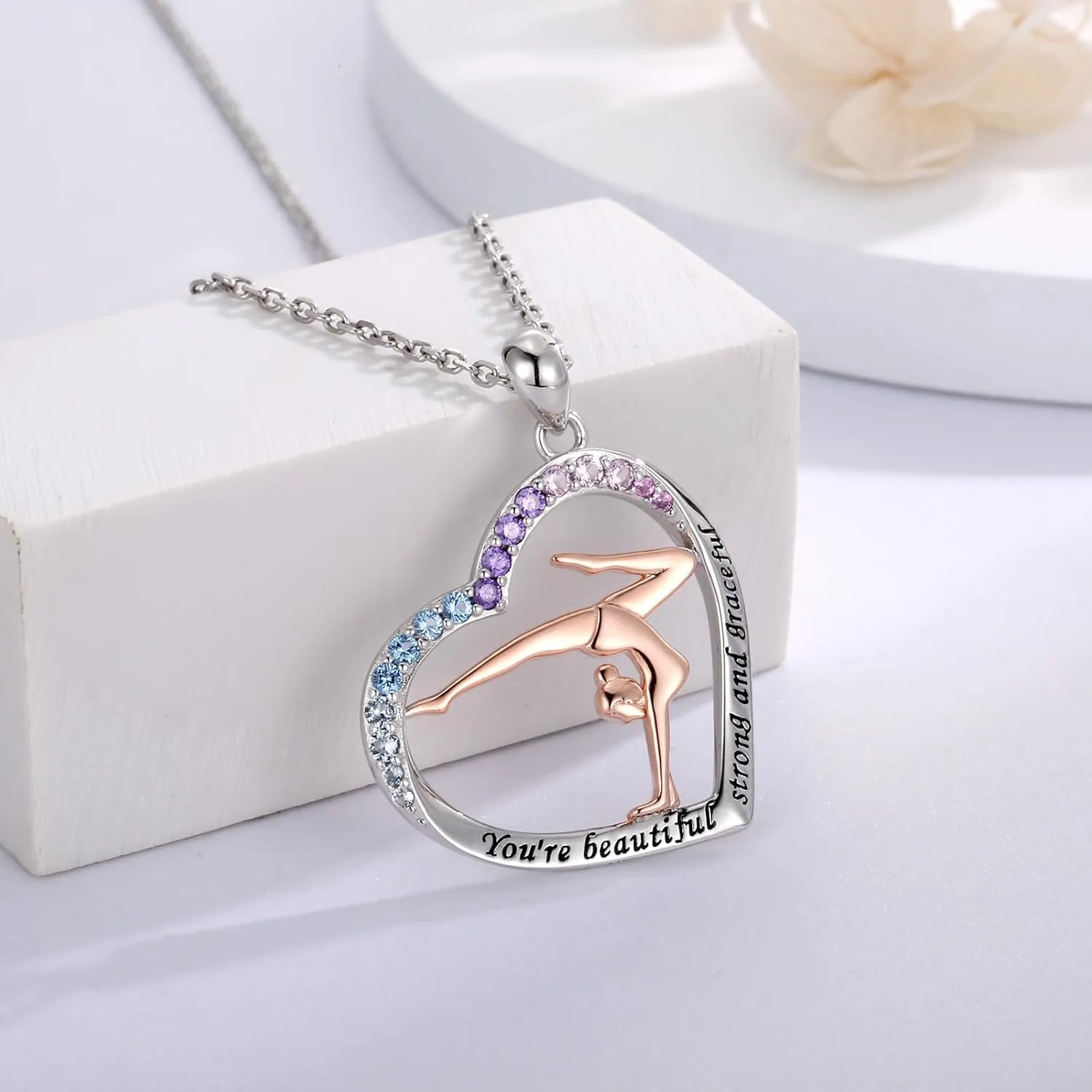 Gymnastics Necklace Sterling Silver - Gymnast Heart Pendant Inspiration Sport Ballerina Jewelry Gift Birthday Christmas