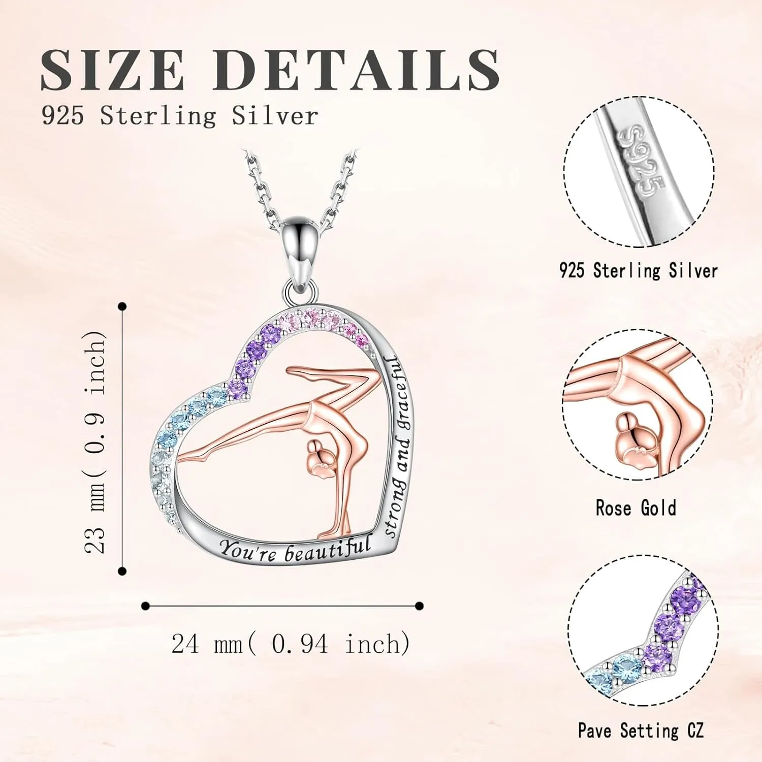 Gymnastics Necklace Sterling Silver - Gymnast Heart Pendant Inspiration Sport Ballerina Jewelry Gift Birthday Christmas