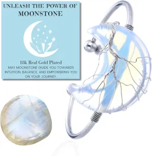 Halukakah Moonstone Necklace Bracelet - LUNARLOVE - Handmade Platinum/18k Gold Plated Winding Tree of Life Wire, Natural Crystal Moon/Heart/Waterdrop Shape Pendants