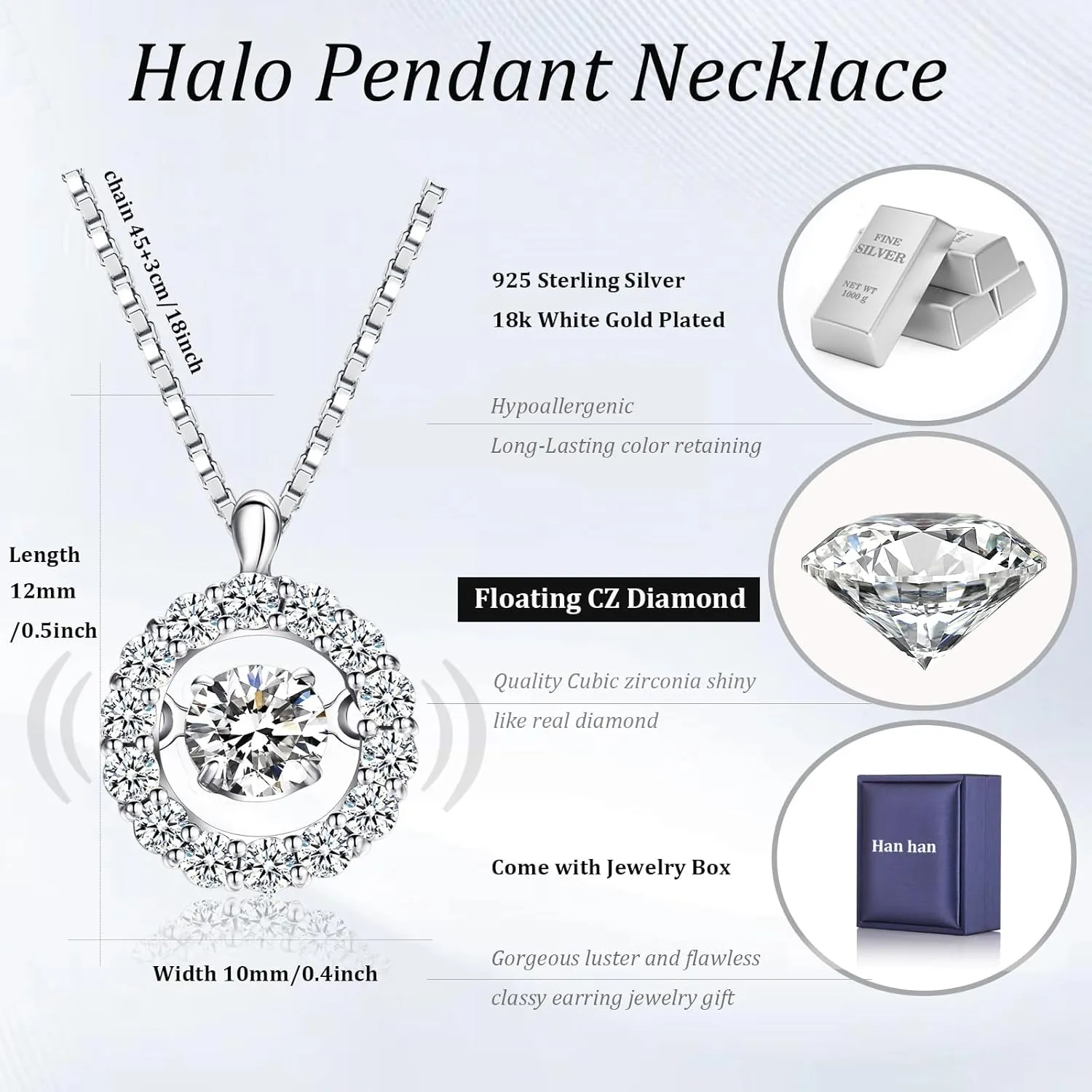 Han han 18K White Gold Plated 925 Sterling Silver Shaking CZ Diamond Pendant Necklace for Women with 5A  Cubic Zirconia, Chain 18inch