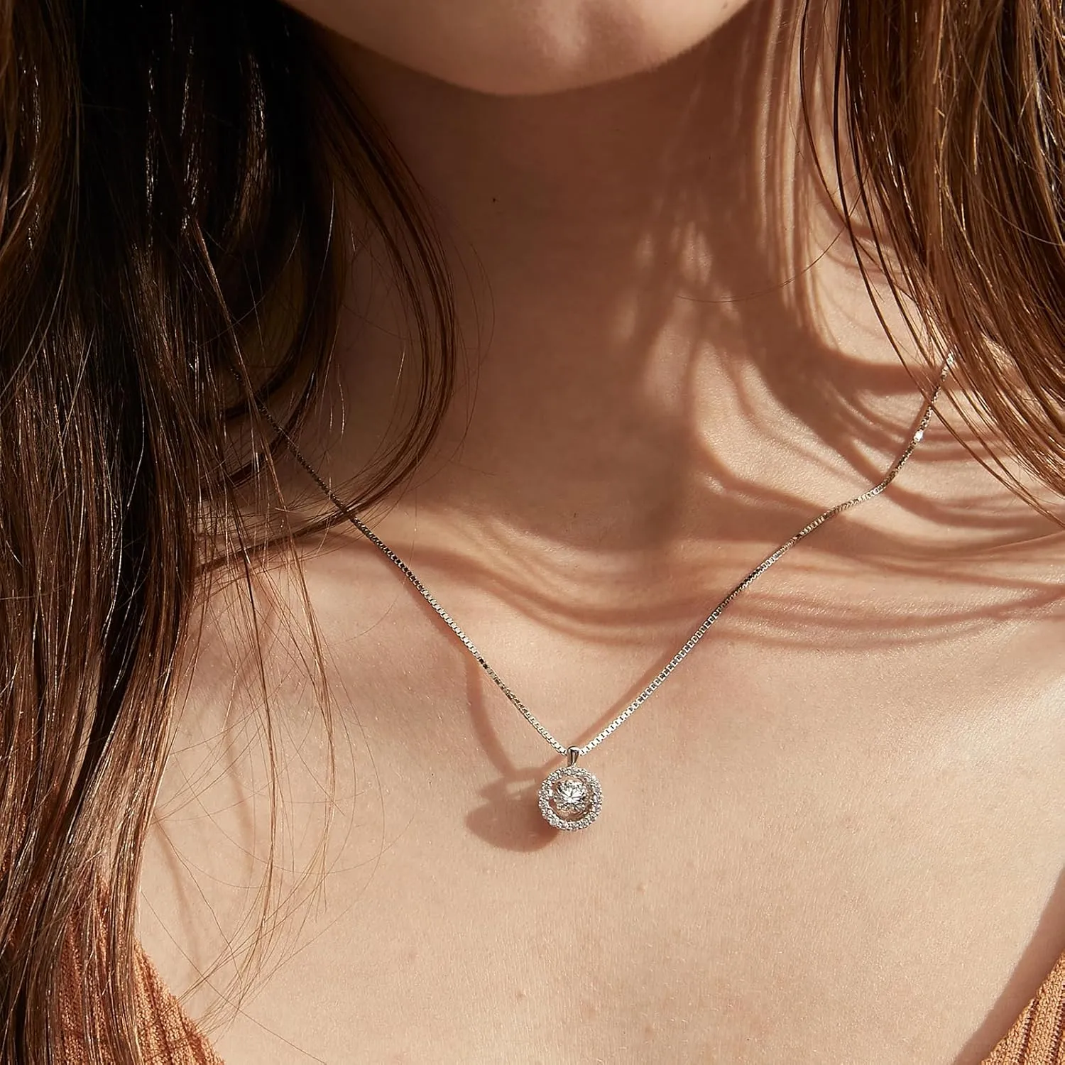Han han 18K White Gold Plated 925 Sterling Silver Shaking CZ Diamond Pendant Necklace for Women with 5A  Cubic Zirconia, Chain 18inch