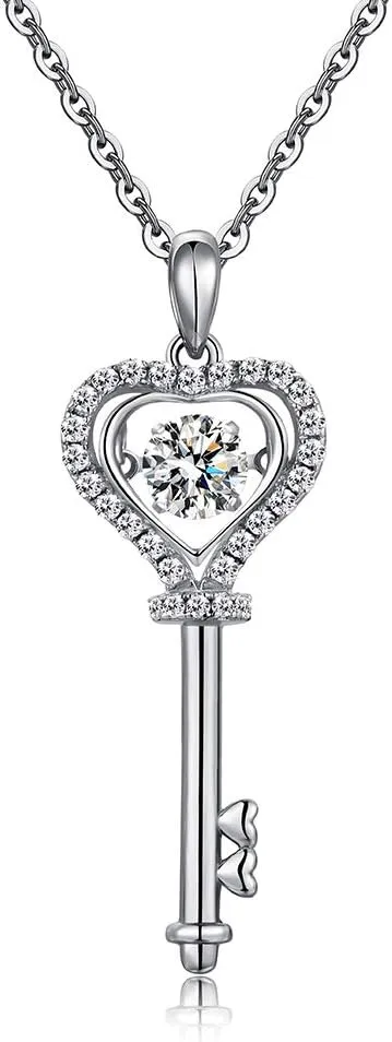 Han han 925 Sterling Silver Heart Love Key Pendant Necklace for Women Chain Length 18inch
