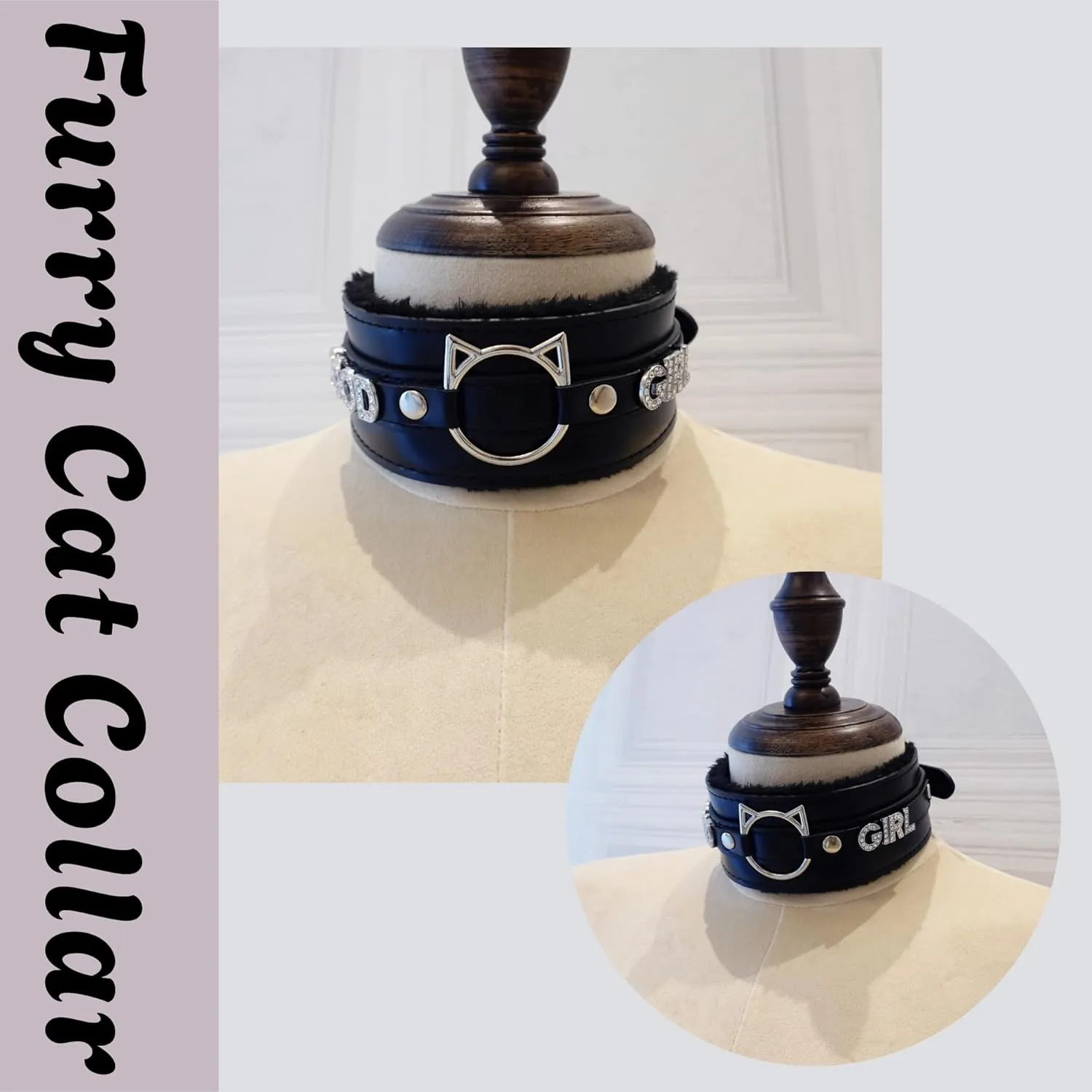 Handmade Collar Choker Necklace for Women  Cat Ear O-Ring Punk Goth Letter Choker,Black/Pink Furry Alt Fashion Jewelry