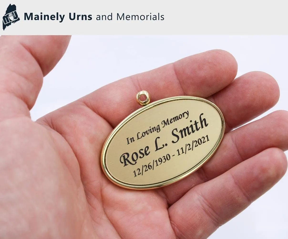 Hanging Gold Oval Personalized Pendant for Cremation Urns That Cant Be Engraved - Includes Gold Satin Ribbon - Made of Solid Brass - Gold Tone Finish with Black Engraving