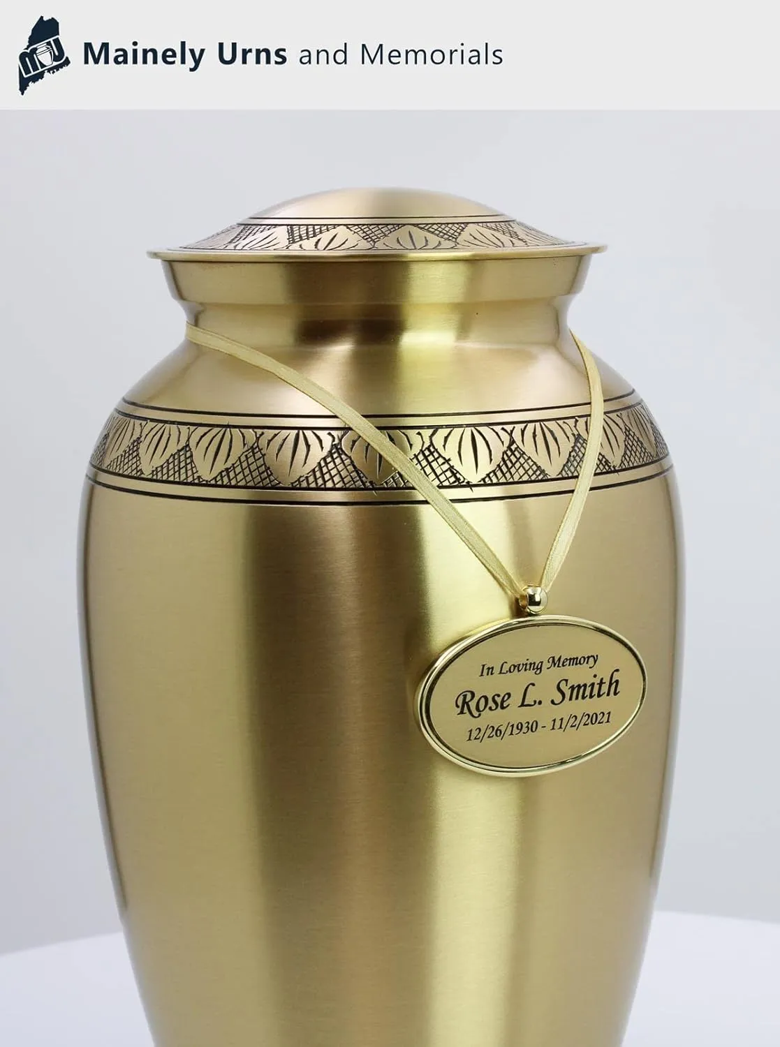 Hanging Gold Oval Personalized Pendant for Cremation Urns That Cant Be Engraved - Includes Gold Satin Ribbon - Made of Solid Brass - Gold Tone Finish with Black Engraving