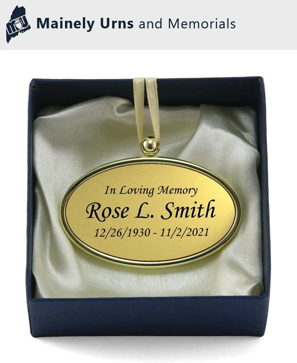 Hanging Gold Oval Personalized Pendant for Cremation Urns That Cant Be Engraved - Includes Gold Satin Ribbon - Made of Solid Brass - Gold Tone Finish with Black Engraving