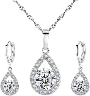 Harlorki 925 Silver Plated Cubic Zirconia Shiny Teardrop Rhinestone Pendent Necklace Dangle Earrings Jewelry Set for Women Lady