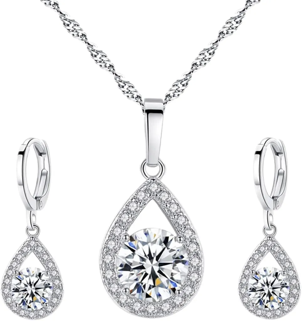 Harlorki 925 Silver Plated Cubic Zirconia Shiny Teardrop Rhinestone Pendent Necklace Dangle Earrings Jewelry Set for Women Lady