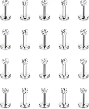 Helicopchain 20Pcs 16G Hypoallergenic Stainless Steel Lip Studs Labret Piercing With 3mm CZ Cartilage Tragus Helix Monroe Piercing Stud Jewelry 6mm 8mm 10mm