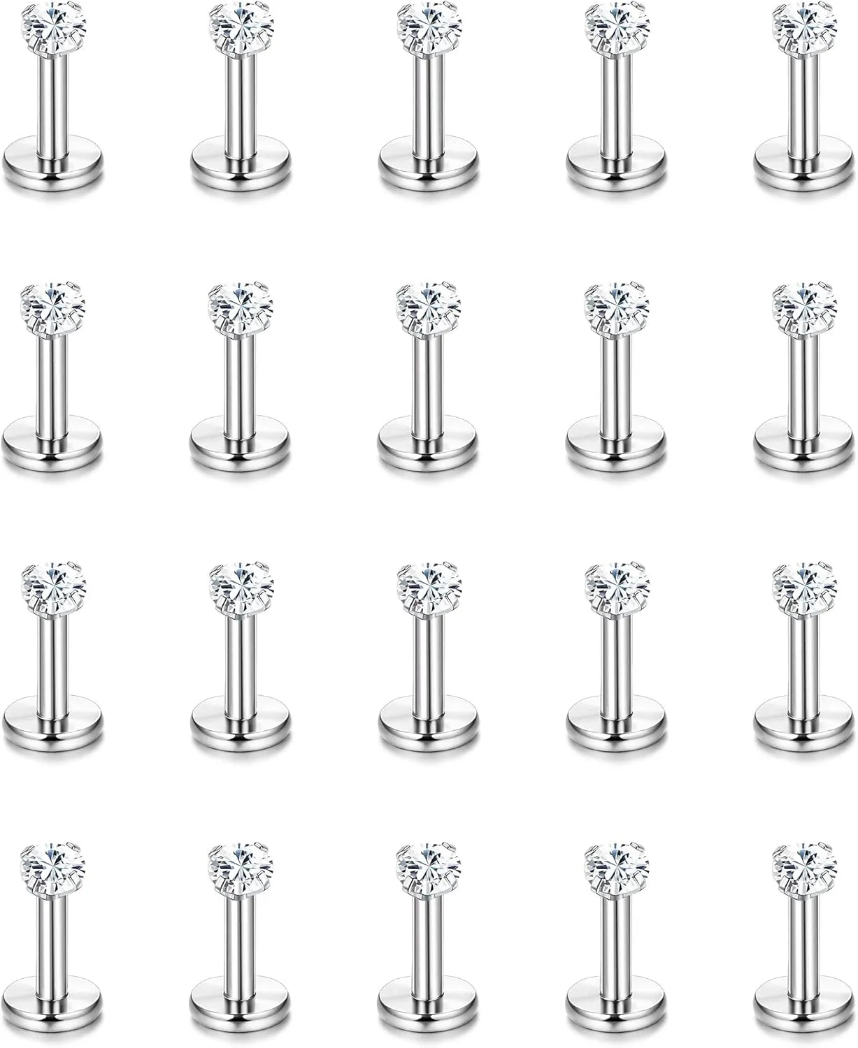 Helicopchain 20Pcs 16G Hypoallergenic Stainless Steel Lip Studs Labret Piercing With 3mm CZ Cartilage Tragus Helix Monroe Piercing Stud Jewelry 6mm 8mm 10mm