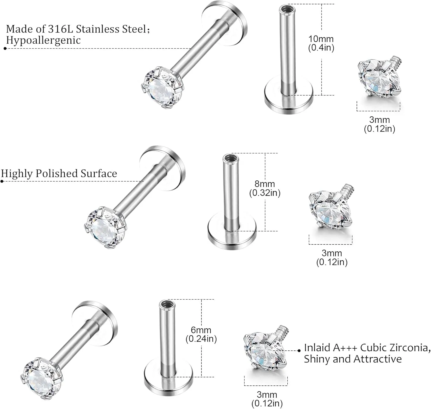 Helicopchain 20Pcs 16G Hypoallergenic Stainless Steel Lip Studs Labret Piercing With 3mm CZ Cartilage Tragus Helix Monroe Piercing Stud Jewelry 6mm 8mm 10mm