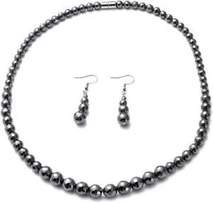 Hematite Necklace and Earrings Set Stainless Steel Choker Beach Boho Black Beaded Necklace - Costume Jewelry Set Dangle Earrings for Women - 20" Anniversary Wedding Engagement Birthday for Women