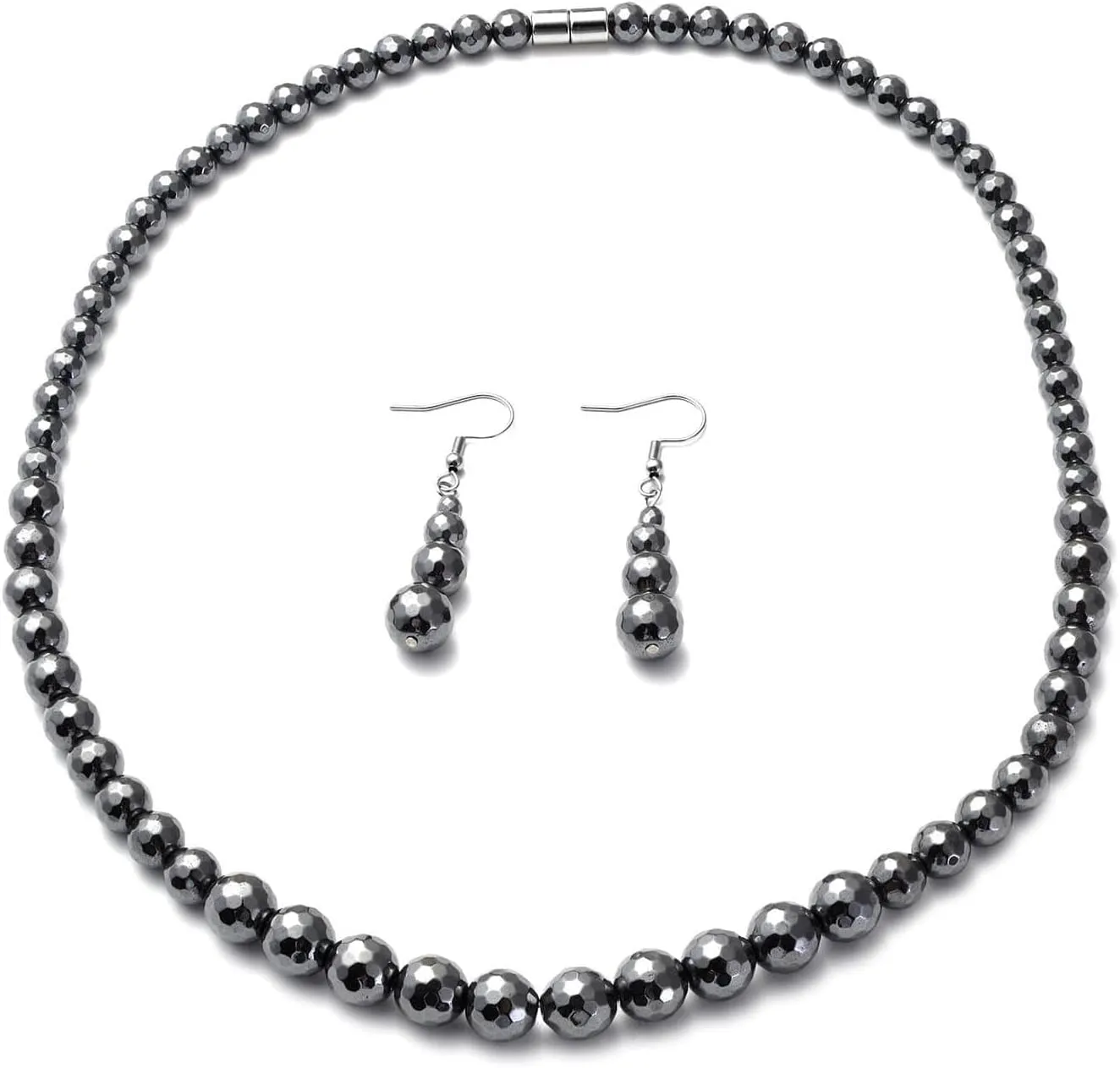 Hematite Necklace and Earrings Set Stainless Steel Choker Beach Boho Black Beaded Necklace - Costume Jewelry Set Dangle Earrings for Women - 20" Anniversary Wedding Engagement Birthday for Women