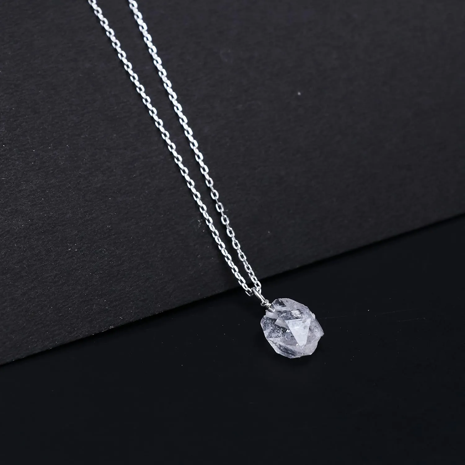 Herkimer Diamond Pendant Necklace, Rough Crystal Pendant, Raw Gemstone Necklace, April Birthstone Jewelry 925 Silver 16 2 inch Adjustable Chain