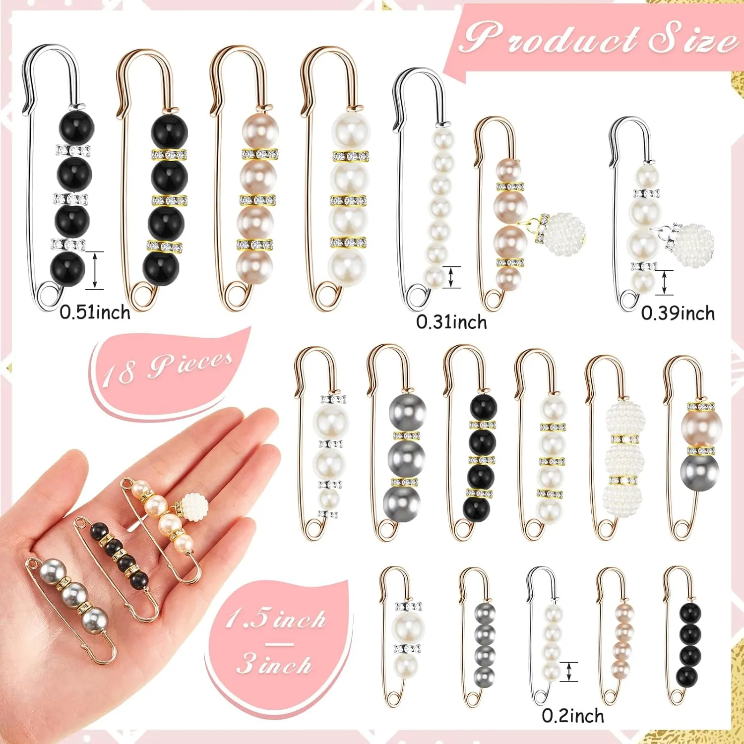 Hicarer 18 Piece Pearl Brooch Pins Women Decorative Safety Pins Clothing Shawl Clips Artificial Pearls Brooch Elegant Cardigan Collar Clips for Women Dress Skirt Sweater(Elegant Style)