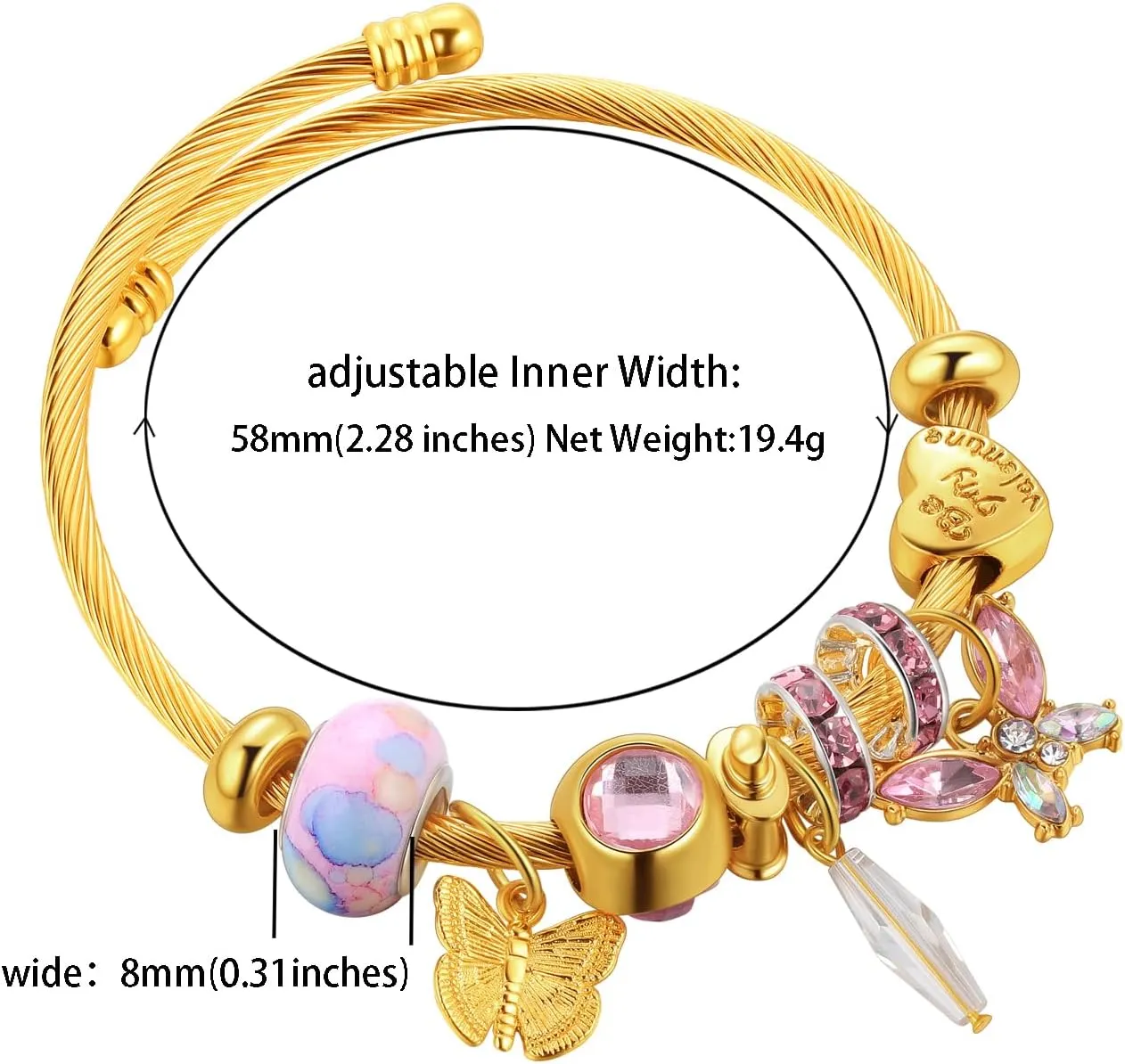 Hipunk Women Charm Friendship Bracelets - Stainless Steel Crystal Heart Butterfly Cartoon Beads Adjustable Bangle Bracelets Jewelry for Holiday Party Gifts