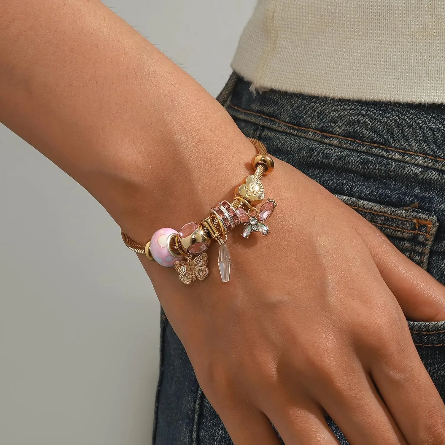 Hipunk Women Charm Friendship Bracelets - Stainless Steel Crystal Heart Butterfly Cartoon Beads Adjustable Bangle Bracelets Jewelry for Holiday Party Gifts