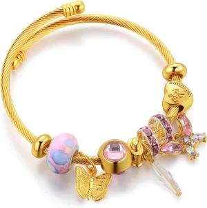 Hipunk Women Charm Friendship Bracelets - Stainless Steel Crystal Heart Butterfly Cartoon Beads Adjustable Bangle Bracelets Jewelry for Holiday Party Gifts