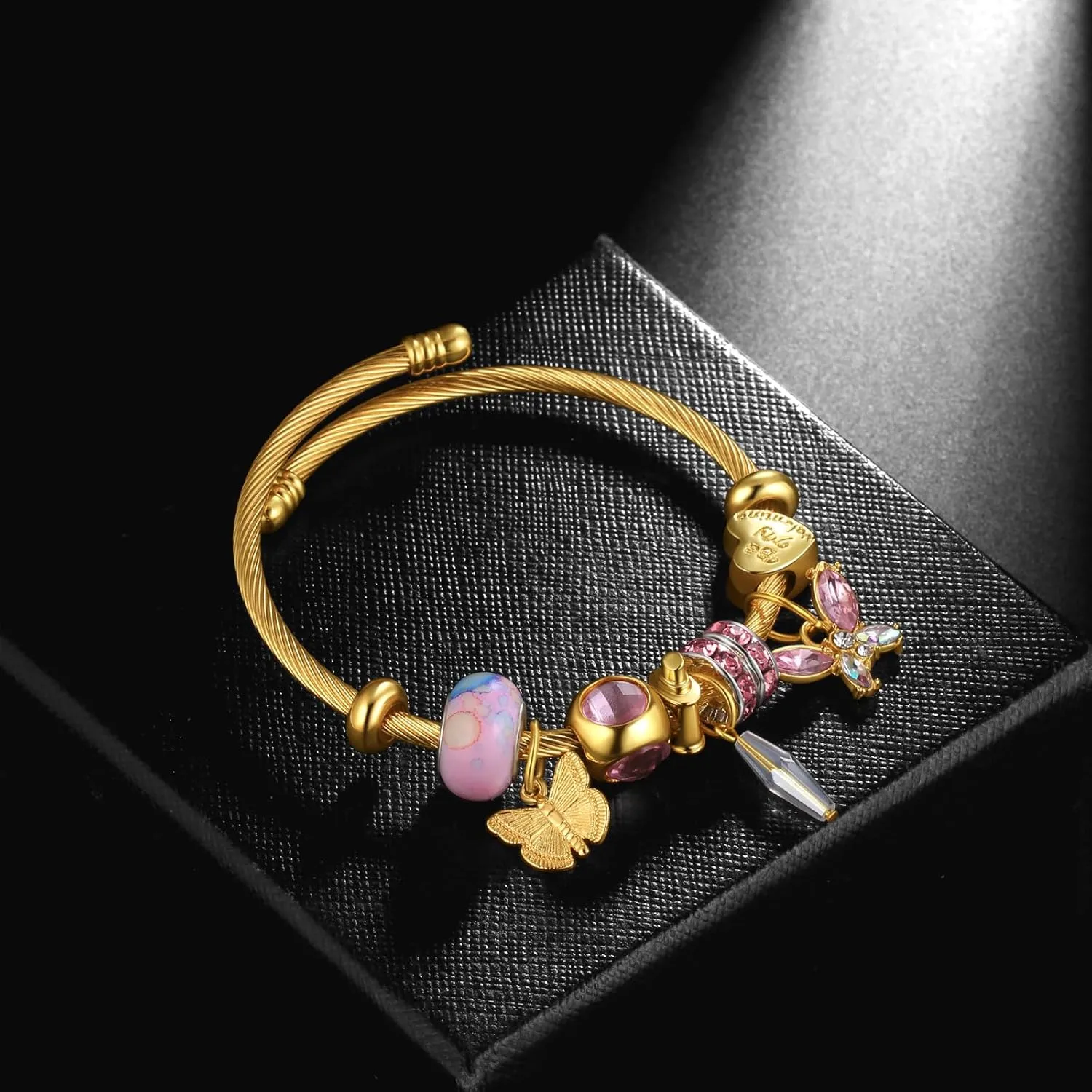 Hipunk Women Charm Friendship Bracelets - Stainless Steel Crystal Heart Butterfly Cartoon Beads Adjustable Bangle Bracelets Jewelry for Holiday Party Gifts