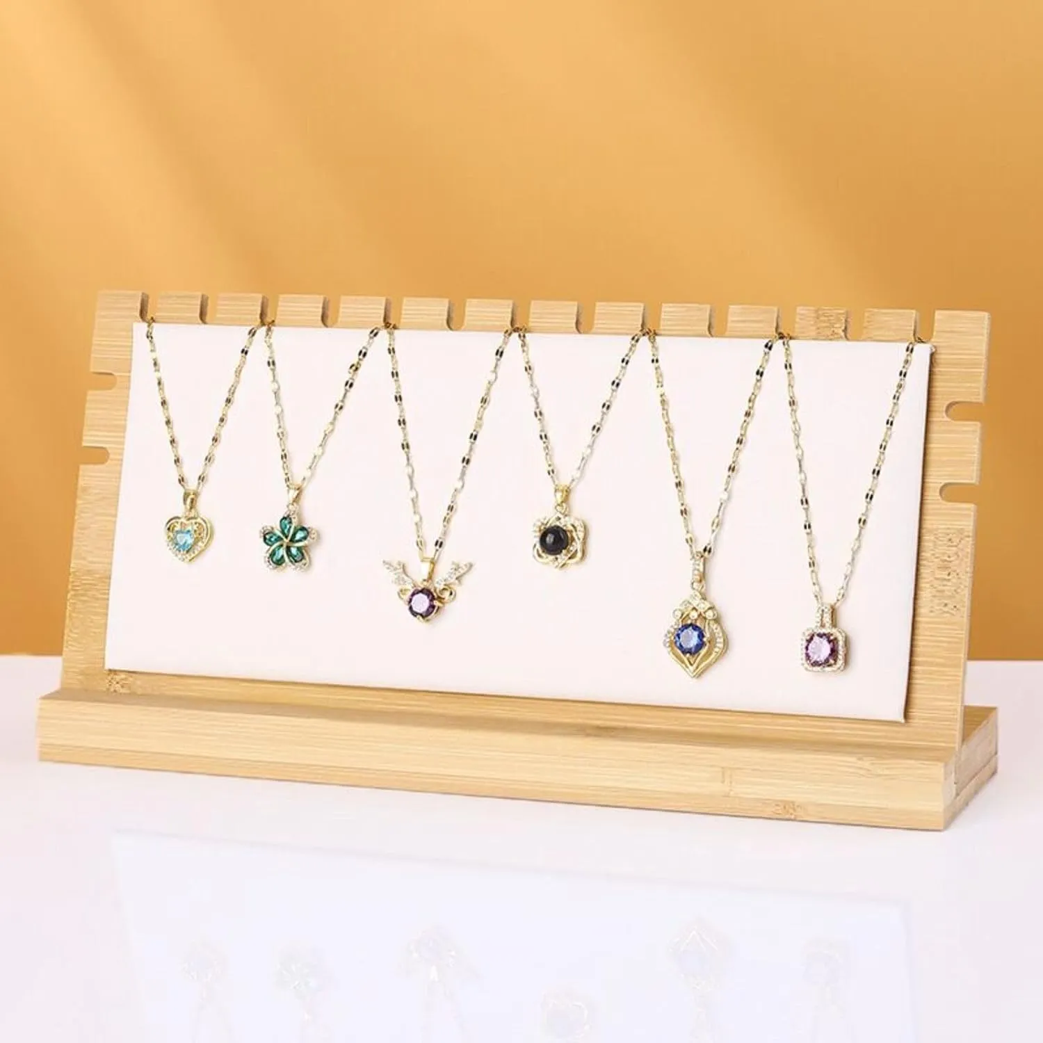 Horizontal Necklace Jewelry Display Stand with White Leather Soft Mat Bamboo Necklace Pendant Tabletop Display Storage Holder