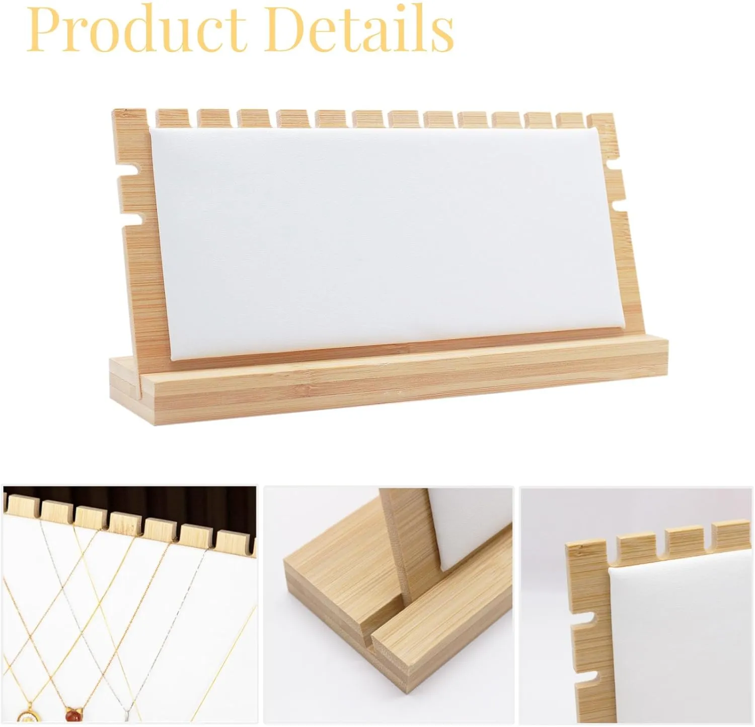 Horizontal Necklace Jewelry Display Stand with White Leather Soft Mat Bamboo Necklace Pendant Tabletop Display Storage Holder