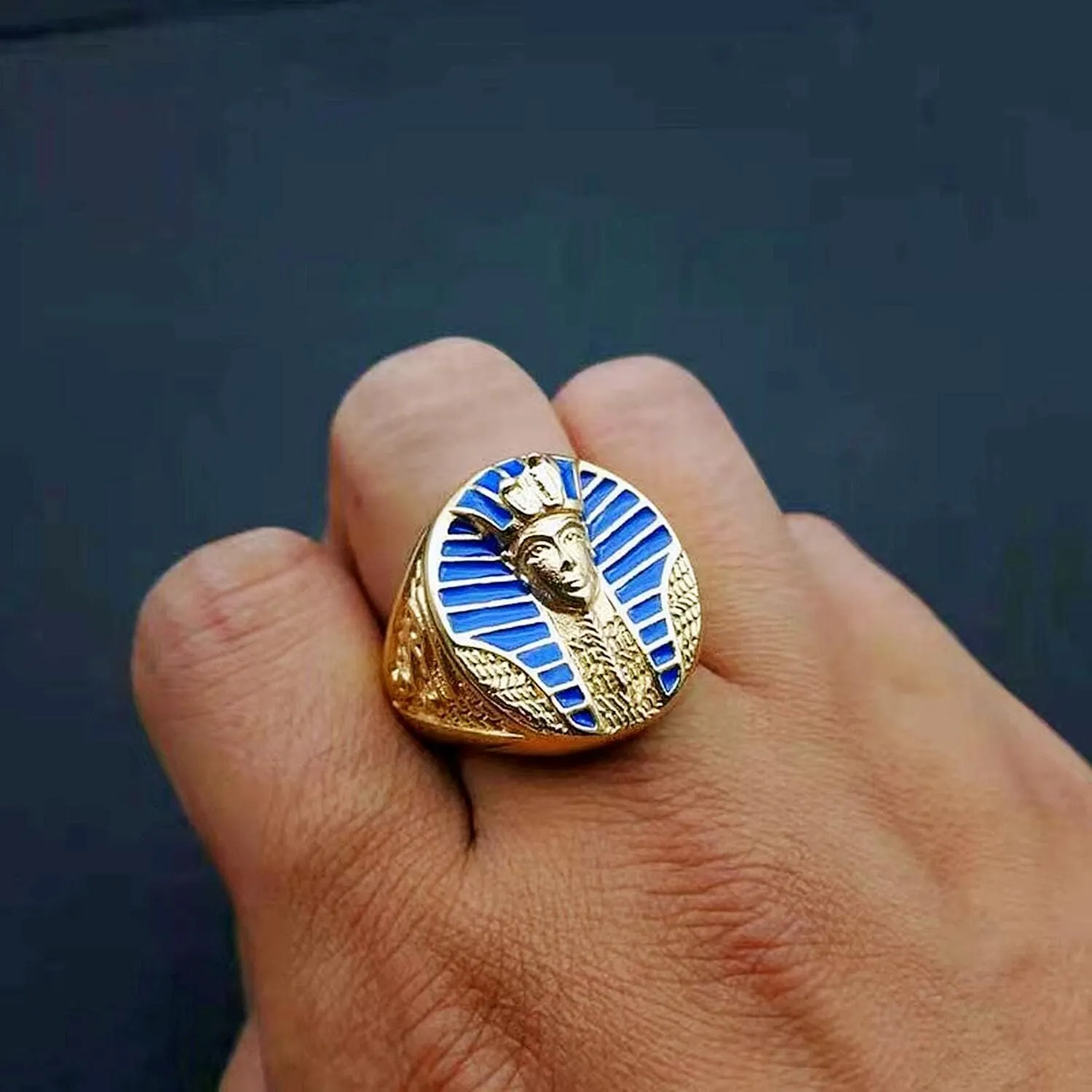 Horus Pharaoh King Ring King TUT Rings for men Mummy Egyptian Akhnaton Biker Stainless Steel Rings Iced Out Ring Jewelry Punk Ring Halloween Vintage Style