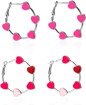 Hot Pink Earrings for Women Heart Hoop Earrings Silver Color Hypoallergenic Y2k Cute Hoop Valentines Day Earrings with Red Pink Heart for Teen Girls Women