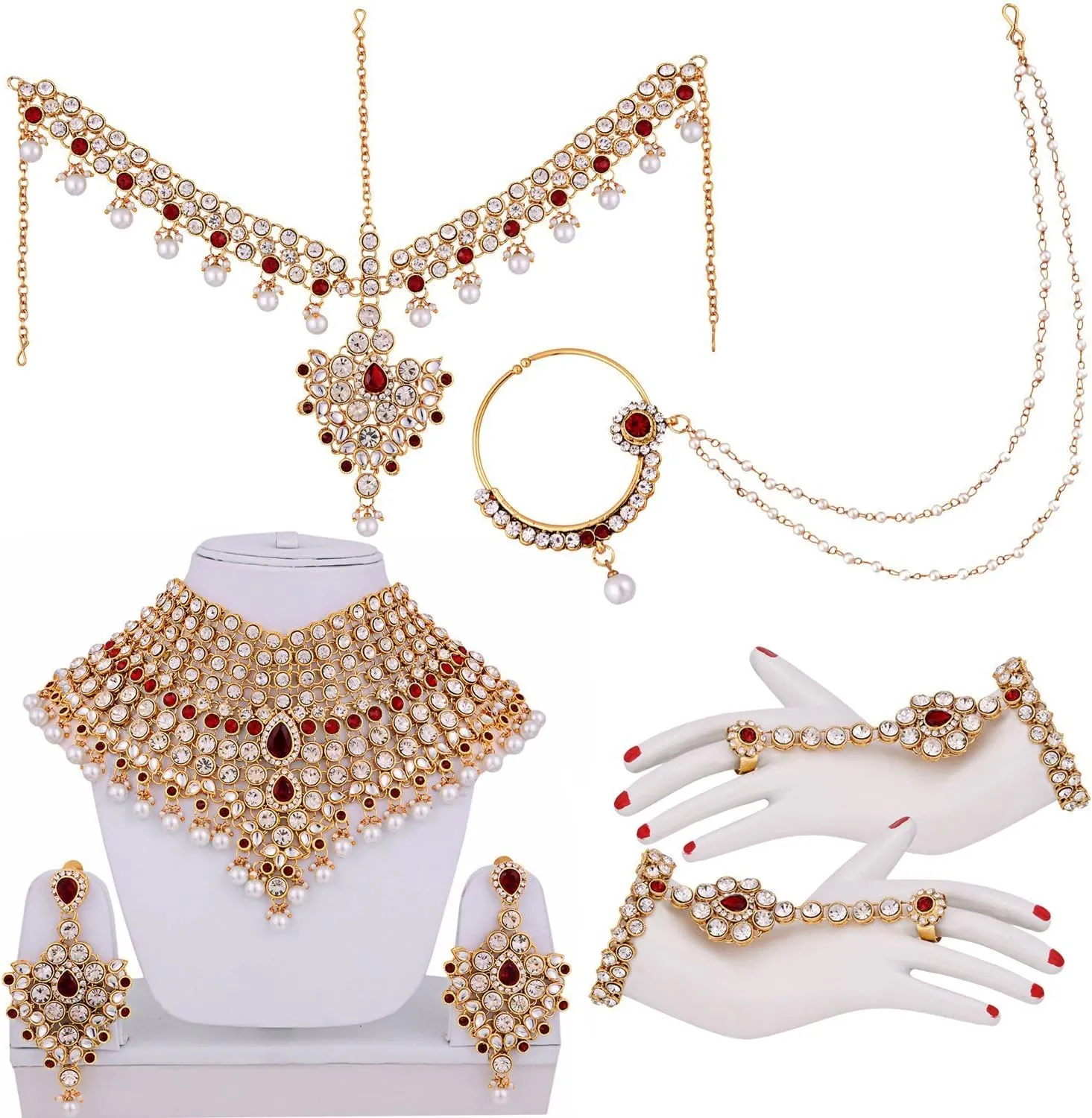 I Jewels Indian Wedding Traditional Gold Plated Kundan Ethnic Bridal Jewelry Set with Earrings, Nose Ring, Mathapatti & Haath Panja for Women