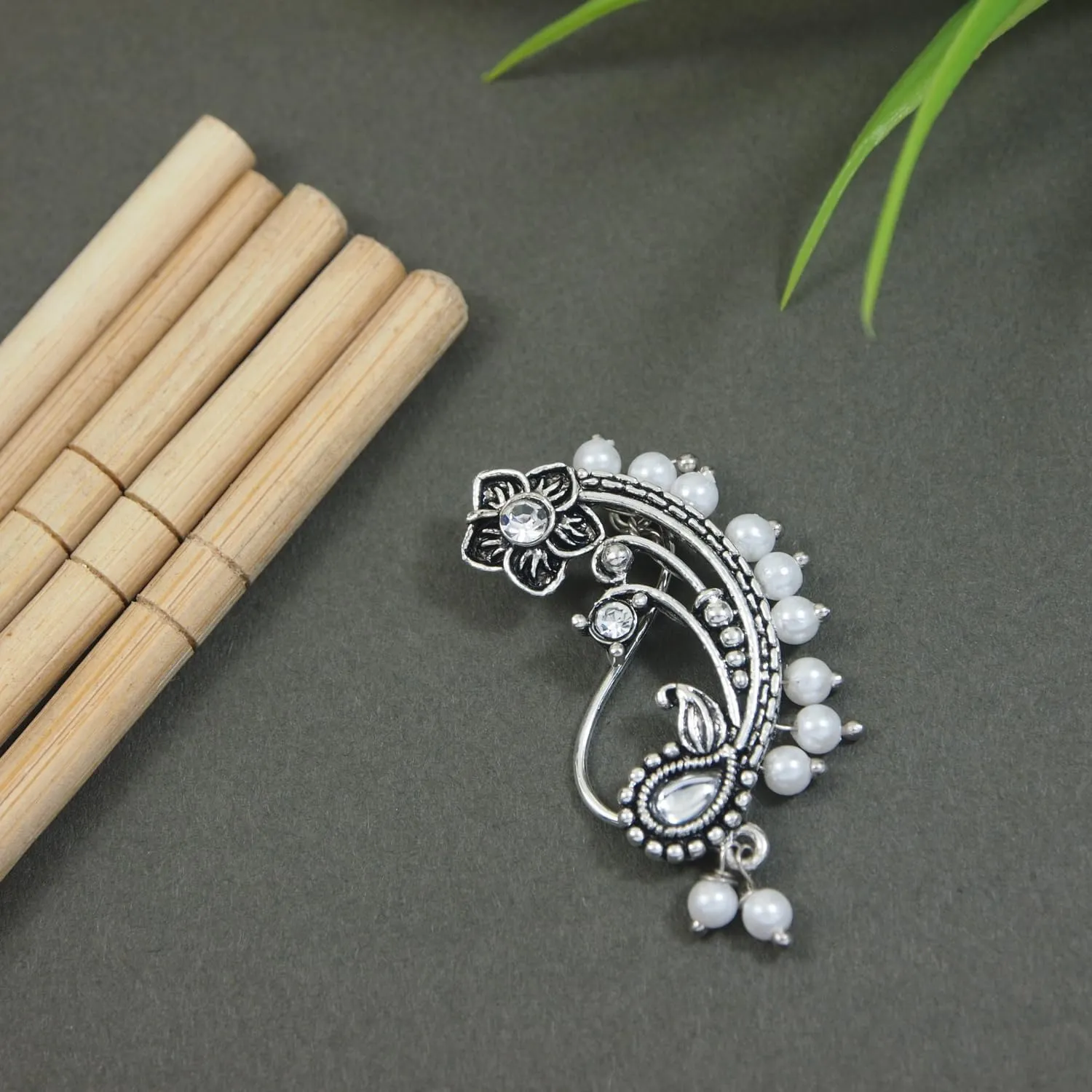 I Jewels Navratri Silver Plated Indian Wedding Bollywood Non Piercing White Pearl Nath, Nose Pin For Women