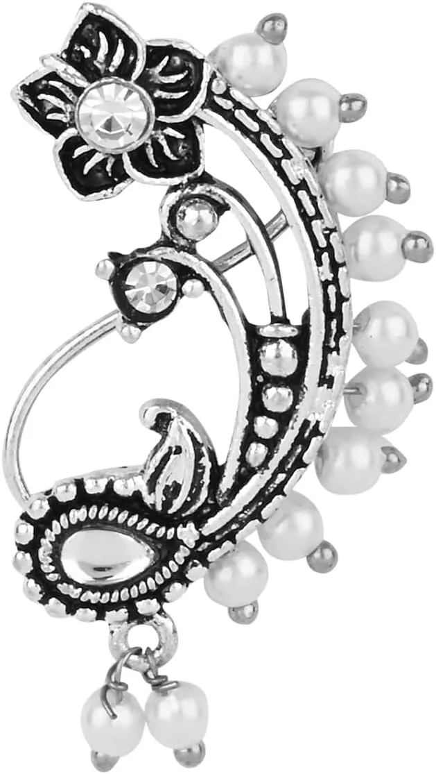 I Jewels Navratri Silver Plated Indian Wedding Bollywood Non Piercing White Pearl Nath, Nose Pin For Women